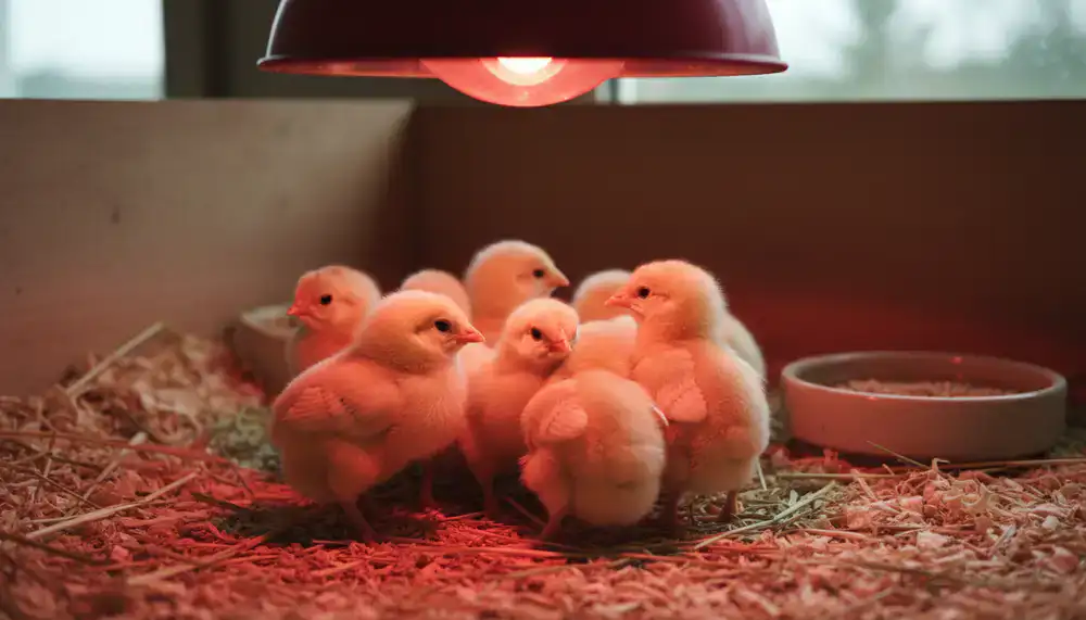 Poussins sous une lampe chauffante rouge