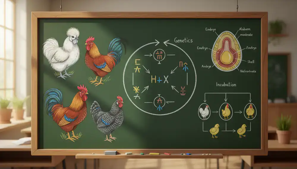 Tableau noir illustré de croquis de poules et schémas d'élevage