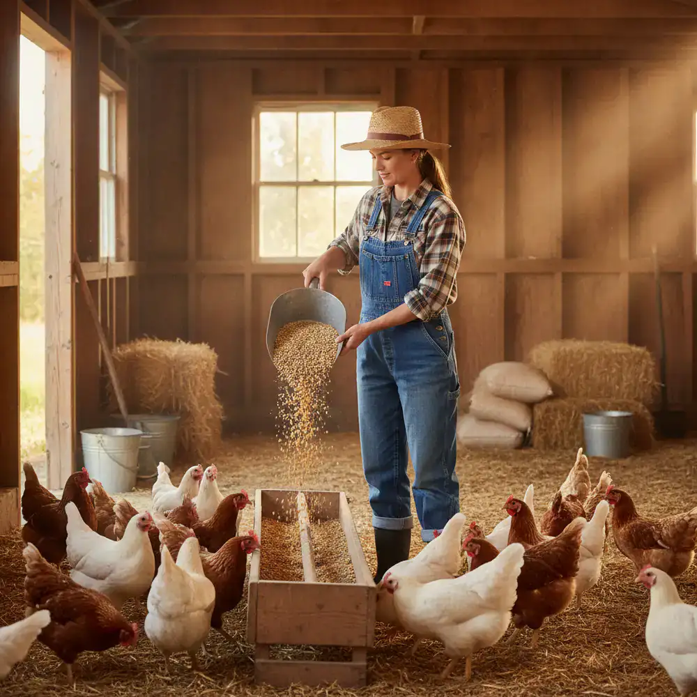 Portrait d'une éleveuse préparant la ration de ses poules